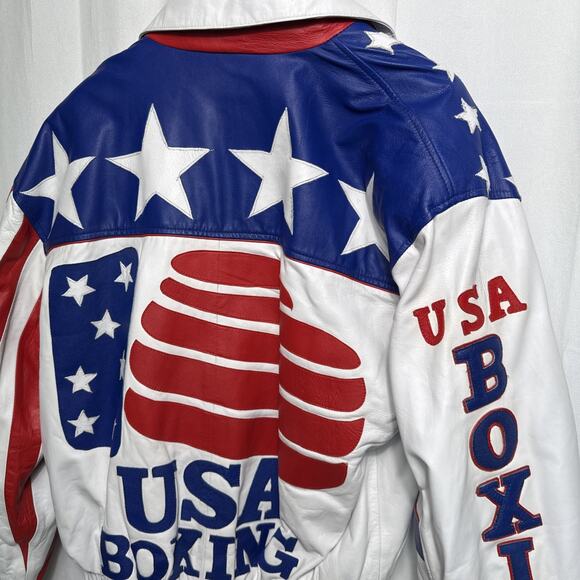Vintage USA Boxing Leather Bomber Jacket Men's Size L Red White Blue Ringside KS - Picture 12 of 14